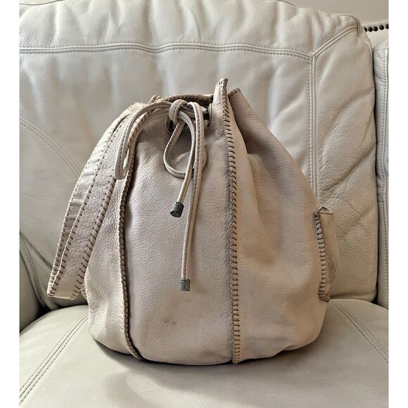 Vintage Sigrid Olsen Leather Hobo Bucket Bag Drawstring Cottagecore Y2K Beige - Picture 3 of 16